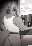 anthro belt bottomwear clothed clothing facial_hair hair looking_at_viewer looking_back male muscular muscular_anthro muscular_male mustache pants shirt smoking solo tank_top topwear dannon-5 bubba_wolfuzz canid canine canis mammal wolf digital_media_(artwork) hi_res monochrome sketch