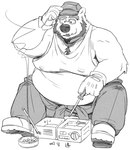 anthro beard bottomwear clothing eyewear facial_hair glasses hat headgear headwear humanoid_hands kemono male mature_male overweight overweight_male pants shirt sitting solo topwear yamakake love_mechanic tom_(lm) bear mammal 2022 monochrome