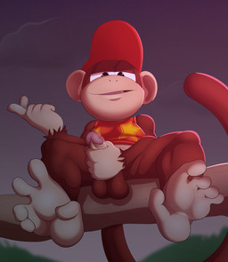 balls clothing feet genitals half-closed_eyes hat headgear headwear looking_at_viewer male masturbation narrowed_eyes penile penile_masturbation penis plant prehensile_feet smile smirk solo toes tree jerseydevil donkey_kong_(series) nintendo diddy_kong haplorhine mammal monkey primate 2019 absurd_res hi_res