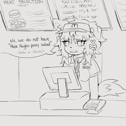 anthro bangs biped blush blush_lines breasts cash_register chain chain_collar chain_leash clothed clothed_anthro clothed_female clothing collar dialogue eyelashes fast_food_employee fast_food_restaurant fast_food_uniform female floppy_ears hair inner_ear_fluff leash menu name_tag open_mouth profanity short_hair solo speech_bubble tail teeth tuft bezimotodol mcdonald's wendy's bezi_(bezimotodol) canid canine canis domestic_dog mammal 1:1 hi_res monochrome