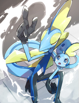ambiguous_anthro ambiguous_feral ambiguous_gender anthro curled_tail duo featureless_crotch feral finger_gun floor frill_(anatomy) gesture gloves_(marking) hand_gesture head_crest head_frill high-angle_view kneeling larger_anthro long_tail looking_up markings on_arm on_one_knee open_mouth pokemon_move size_difference skinny smaller_feral snipe_shot tail tile tile_floor wide_eyed yellow_eyes makotoo nintendo pokemon generation_8_pokemon inteleon pokemon_(species) reptile scalie sobble 2021 hi_res