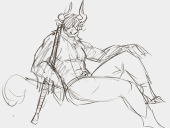 anthro barefoot bottomwear clothed clothing feet holding_melee_weapon holding_object holding_sword holding_weapon hooves horn male melee_weapon mouth_closed muscular muscular_anthro muscular_male obscured_eyes pants pecs side_view simple_background sitting solo sword topless weapon jezzlen logan_(jezzlen) bovid bovine cattle mammal monochrome sketch