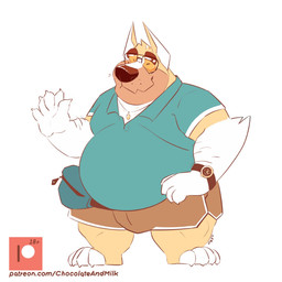 anthro arm_hair belly big_belly blue_clothing blue_shirt blue_t-shirt blue_topwear body_hair bottomwear brown_bottomwear brown_clothing bulge clock closed_smile clothed clothing eyes_closed eyewear fur glasses hand_on_hip jewelry male male_anthro moobs mouth_closed necklace obese obese_anthro obese_male overweight overweight_anthro overweight_male shirt smile solo standing t-shirt text tinted_glasses topwear watch white_body white_fur wristwatch yellow_body yellow_fur chocolateandmilk richard_(chocolateandmilk) canid canine canis domestic_dog mammal 1:1 full-length_portrait hi_res portrait url