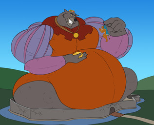 anthro belly big_belly fur grey_body grey_fur huge_belly larger_male macro male micro musclegut muscular orange_body orange_fur pecs size_difference smaller_male smile greggrth disney robin_hood_(disney) prince_john sheriff_of_nottingham canid canine canis felid lion mammal pantherine wolf