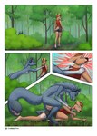 anthro belly bodily_fluids duo female forest forest_background genital_fluids genitals hunting intersex intersex/female maleherm nature nature_background plant predator/prey scared tail tail_mouth tree unusual_anatomy unusual_tail judasyfox antelope bovid canid canine gazelle hybrid mammal absurd_res comic hi_res