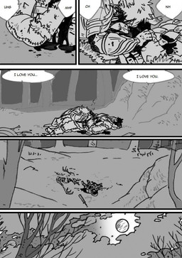 anthro armor blood bodily_fluids dialogue duo fangs forest hairy horn male male/male moon muscular muscular_male plant snow teeth text tree wounded husky92 european_mythology greek_mythology mythology bovid bovine humanoid mammal minotaur orc comic english_text hi_res monochrome multiple_scenes