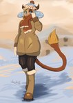 anthro beanie blonde_hair blue_eyes boots clothing female footwear gloves hair handwear hat headgear headwear horn jacket outside scarf shoes smile snow solo topwear moomaid alice_lovage bovid bovine cattle mammal 2019 absurd_res hi_res