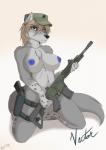 anthro ar-15 assault_rifle ball balls big_breasts biped blonde_hair blue_nipples blue_nose breasts chest_tuft clothing eye_through_hair eyebrow_through_hair eyebrows fur genitals gradient_background grey_body grey_fur gun gynomorph hair handgun hat headgear headwear holster intersex kneeling m4 military mostly_nude mostly_nude_anthro mostly_nude_gynomorph mostly_nude_intersex navel nipples pistol pose purple_eyes ranged_weapon rifle short_hair simple_background smile smirk solo spots translucent translucent_hair tuft weapon black-husky vector_(vectorviewer) canid canine canis mammal wolf 2015 absurd_res full-length_portrait hi_res pinup portrait signature watermark