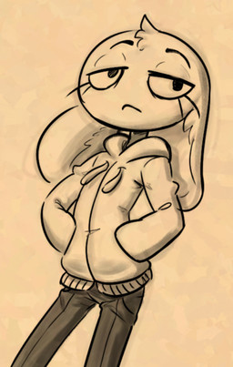 adolescent anthro biped bottomwear closed_frown clothed clothed_anthro clothed_female clothing coat eyebrows eyelashes female female_anthro flat_chested floppy_ears front_view frown fur half-closed_eyes hand_in_pocket head_tuft long_sleeves looking_at_viewer mouth_closed narrowed_eyes noseless pants plantigrade pockets solo standing topwear tuft young young_anthro young_female soulcentinel roommates:motha beanie_(roommates) lagomorph leporid mammal rabbit 2026 guide_lines monochrome portrait sepia sketch three-quarter_portrait