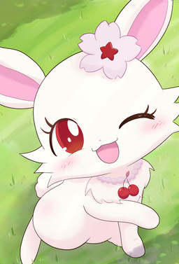 accessory anthro blush female female_anthro flower flower_in_hair fur grass hair hair_accessory looking_at_viewer looking_up looking_up_at_viewer one_eye_closed plant red_eyes white_body white_fur wink bluehiyokobunny jewelpet sanrio sega sega_fave ruby_(jewelpet) lagomorph leporid mammal rabbit absurd_res hi_res