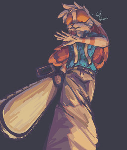 5_fingers anthro bottomwear chainsaw clothing fingers fur long_ears looking_down low-angle_view male mouth_closed multicolored_body multicolored_fur pants pink_body pink_fur power_tool raised_arm red_eyes simple_background solo standing suspenders tools topwear tucked_shirt two_tone_body two_tone_fur weapon wide_eyed rik_grape tobi_(wiener-fag) lagomorph leporid mammal rabbit 2025 absurd_res digital_media_(artwork) hi_res shaded