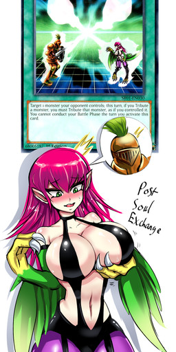 3_fingers armor avian_feet big_breasts blush bodily_fluids body_swap breasts camel_toe claws cleavage clothed clothing duo emanata feathered_wings feathers female finger_claws fingers genital_outline green_body green_eyes green_feathers hair hand_on_breast holding_melee_weapon holding_object holding_shield holding_sword holding_weapon huge_breasts humanoid_pointy_ears knight legwear long_hair looking_down male melee_weapon open_mouth pink_hair pointy_ears possession purple_clothing purple_legwear shield skimpy spell_card_(yu-gi-oh) sweat sword text visible_self vulva_outline warrior weapon winged_arms wings bimboaudino european_mythology greek_mythology mythology yu-gi-oh! avian duel_monster harpy human humanoid mammal mythological_avian mythological_creature 2023 absurd_res english_text hi_res