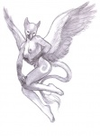 anthro beak breasts feathered_wings feathers female looking_at_viewer markings nipples non-mammal_breasts non-mammal_nipples nude simple_background solo tail tail_tuft tuft white_background wings sickeleye mythology avian gryphon mythological_avian mythological_creature black_and_white monochrome