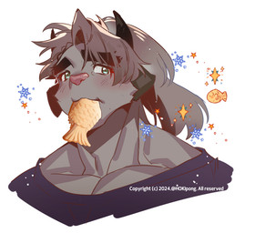 anthro blush bread brown_body brown_fur brown_hair clothing eating food fur green_eyes hair horn male muscular muscular_anthro muscular_male pecs shirt solo t-shirt text topwear hokipong lifewonders tokyo_afterschool_summoners catoblepas_(tas) monster bust_portrait english_text portrait