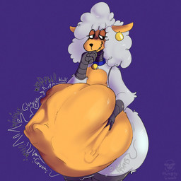 abdominal_bulge ambiguous_gender ambiguous_prey anthro belly_grab blue_background collar fangs female female_pred flat_chested fur gurgle_(sound_effect) looking_away muffled_scream rumbling_stomach screaming simple_background smile solo struggling struggling_prey teeth thick_thighs vore white_body white_fur wide_hips wool_(fur) hungry_lamb the_walten_files sha_(twf) bovid caprine mammal robot_anthro sheep 1:1 2025 hi_res