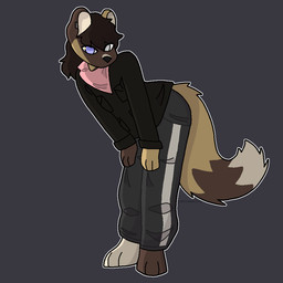 anthro black_clothing black_jacket black_topwear blind_eye blue_eyes brown_body brown_fur brown_hair clothing dipstick_tail ear_piercing fur grey_sweatpants hair hands_on_knees hands_on_legs hands_on_own_knees hands_on_own_legs jacket kerchief leaning leaning_forward looking_at_viewer male markings mullet neckerchief neckwear piercing pink_kerchief pink_neckerchief solo tail tail_markings tan_body tan_fur topwear white_body white_fur ashblondekittyy jackson_(ashblondekitty) african_wild_dog canid canine mammal 1:1
