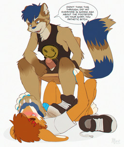 anthro chair degradation dirty_shoes dominant dominant_male erection feet foot_fetish foot_on_chest foot_on_face foot_sniffing furniture genitals insult male on_chair paws penis pinned_by_foot profanity sitting sitting_on_chair skate_shoes smelling_paws sniffing soles teasing_with_feet text toes unzipped unzipped_pants worn_footwear zipper markybuns donnie_(sugarpunk) rufty_(skonk) lagomorph leporid mammal procyonid rabbit raccoon absurd_res english_text hi_res