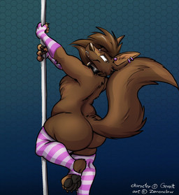 anthro armwear big_butt brown_hair butt chest_tuft clothing collar dancing ear_piercing fangs femboy fluffy fluffy_tail hair leggings legwear male pattern_armwear pattern_clothing pattern_legwear paws piercing pole pole_dancing purple_eyes smile solo striped_armwear striped_clothing striped_legwear stripes tail teeth tuft zenonclaw mythology geralt_(geraltwoofer) canid canine canis mammal mythological_canine mythological_creature werecanid werecanine werecreature werewolf wolf 2022 digital_media_(artwork) hi_res