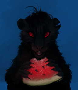 ambiguous_gender black_body black_fur detailed_food food fruit fur holding_food holding_object melon plant solo watermelon watermelon_slice orphen-sirius mammal murid murine rat rodent 2013 detailed hi_res