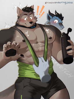 anthro athletic_wear barazoku big_muscles big_pecs black_bottomwear black_clothing black_shorts blush bottomwear brown_body brown_fur brown_hair bulge clothed clothing collar dark_nipples detailed_fur disembodied_hand duo expressive fur ghost_hand green_clothing green_eyes green_shirt green_tank_top green_topwear grey_background hair hotpants male male/male male_anthro muscular muscular_anthro muscular_male nipples pecs pecs_touching shirt shorts simple_background surprised tank_top tank_top_pull topwear the_wandering_jake mythology remember_the_flowers patsy_(remember_the_flowers) saber_(remember_the_flowers) canid canine canis dragon mammal mythological_creature mythological_scalie scalie wolf 3:4 absurd_res detailed half-length_portrait hi_res portrait