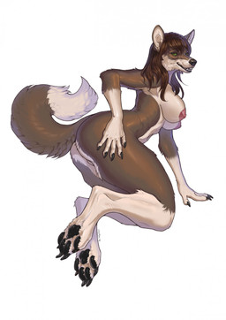 anthro areola biped breasts butt claws countershade_torso countershading feet female fingers fur hair looking_at_viewer nipples nude nude_anthro nude_female paws rear_view simple_background smile solo tail teeth toes tongue silgiriya_mantsugosi canid canine canis mammal wolf 2026 digital_drawing_(artwork) digital_media_(artwork) hi_res