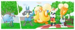 air_pump anthro balloonie bedding bench blanket blush building dialogue feral group hose hose_inflation inflation male park park_bench picnic plant solo_focus text tree uncontrolled_inflation marcturbo1 nintendo pokemon buizel cinderace floatzel generation_4_pokemon generation_8_pokemon lucario pokemon_(species) riolu shinx english_text hi_res