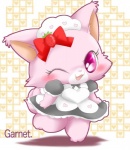 anthro blush clothed clothing dress female fluffy fluffy_tail food fruit genitals heart_symbol looking_at_viewer maid_uniform no_underwear one_eye_closed pink_eyes plant pose pussy solo strawberry tail uniform wink suvaru jewelpet sanrio sega sega_fave garnet_(jewelpet) domestic_cat felid feline felis mammal persian_cat