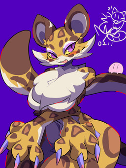anthro big_breasts blue_background blush breasts chest_tuft claws countershading crossed_arms dipstick_tail eyelashes eyeshadow female fur looking_at_another looking_at_viewer makeup markings navel pink_nose pupils purple_eyes simple_background simple_eyes slit_pupils solo spots spotted_body spotted_fur standing tail tail_markings tongue tongue_out tuft wide_hips yellow_body yellow_fur nyaswitchnya kirby_(series) kirby_and_the_forgotten_land nintendo clawroline kirby alien felid leopard mammal pantherine waddling_head 3:4 absurd_res hi_res signature