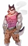 abs animal_print anthro bandage belt biceps big_muscles biped bottomwear cheetah_print chest_tuft clothed clothing dog_food dog_treat fur looking_at_viewer male muscular muscular_anthro muscular_male pants pecs pet_food shirt smoke smoking solo standing tank_top topwear tuft cuson undertale undertale_(series) doggo_(undertale) canid canine canis domestic_dog mammal 2016 hi_res