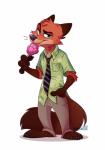 anthro bottomwear cheek_tuft clothed clothing dipstick_ears ear_markings facial_tuft food fully_clothed fur gloves_(marking) green_eyes hand_in_pocket head_tuft holding_food holding_object licking markings multicolored_ears necktie orange_body orange_fur pants pawpsicle pockets popsicle shirt simple_background solo standing tongue tongue_out topwear tuft white_background dewshess disney zootopia nick_wilde canid canine fox mammal red_fox true_fox 2019 hi_res