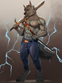 anthro belt black_nose black_sclera blade bottomwear claws clothed clothing electricity fur hair holding_object holding_weapon lightning looking_at_viewer male melee_weapon muscular muscular_male nipples open_mouth pants scar solo sword tail teeth weapon cyotek darkwolf_(darkwolfdemon) canid canine canis mammal wolf 3:4 absurd_res digital_media_(artwork) hi_res