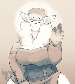 anthro belt big_breasts breasts cleavage clothed clothing eyebrow_through_hair eyebrows eyes_closed female female_anthro fingers fur gesture gradient_background hair hooved_fingers hooves pelvic_curtain simple_background smile solo text topwear translucent translucent_hair waving waving_at_viewer wide_hips wool_(fur) neosavias unnamed_character camelid llama mammal 2023 artist_name hi_res monochrome sepia watermark