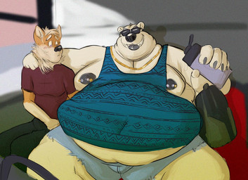 anthro arm_around_shoulders barbell_piercing belly belly_peek beverage big_belly big_moobs blush bottomwear clothed clothing denim denim_bottomwear denim_clothing denim_shorts duo eyewear fangs fully_clothed holding_beverage holding_object jewelry larger_male leg_markings looking_at_another male male/male markings moobs navel_outline necklace nipple_piercing nipples obese open_mouth overweight overweight_male piercing shirt shorts sitting size_difference skimpy skinny_male smaller_male smile socks_(marking) sunglasses t-shirt tank_top teeth thick_thighs tongue tongue_out topwear weight_difference tcw bear canid canine canis domestic_dog mammal polar_bear ursine