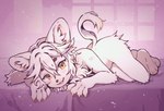 ambiguous_gender anthro bed blush claws cute_fangs fangs finger_claws fur furniture hair inner_ear_fluff kemono looking_at_viewer lying nude on_bed solo tail teeth tuft white_body white_fur white_hair yellow_eyes miri felid mammal 2024 digital_media_(artwork) hi_res