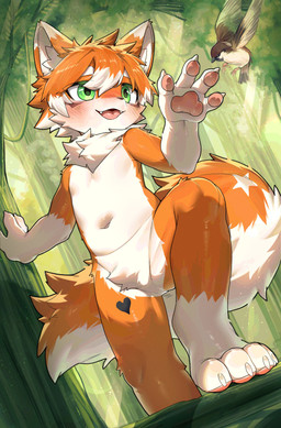 anthro blush countershading crotch_tuft featureless_crotch forest fur green_eyes hand_pawpads heart_symbol kemono male navel open_mouth orange_body orange_fur outside pawpads plant solo tree tuft young young_anthro young_male sosak0622 avian bird canid mammal 2025 absurd_res hi_res