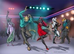 anthro clothing dancing dress female group male neon_lights nightclub raised_arm tail scott_ruggels erin_petrova kiruki mike_cochran nina_tarasova sergei canid canine cougar domestic_cat felid feline felis fox mammal 2009