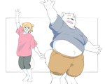 anthro belly bottomwear clothing dancing duo eyes_closed humanoid_hands kemono male overweight overweight_male shirt shorts topwear inunoshippo canid canine canis domestic_dog mammal 2022 5:4 hi_res