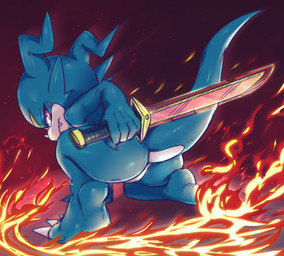 anthro biped blue_body blue_butt blue_tail butt claws feet fire glistening glistening_body glistening_butt hand_on_ground looking_at_viewer looking_back male melee_weapon nude raised_tail rear_view red_eyes solo sword tail weapon rusho bandai_namco digimon digimon_(species) veemon digital_media_(artwork) hi_res