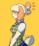 accessory animal_crossing anthro blush canid canine canis clothed clothing domestic_dog female fur green_clothing hair hair_accessory isabelle_(animal_crossing) mammal nintendo noruru3737 pattern_clothing shih_tzu smile solo toy_dog yellow_body yellow_fur