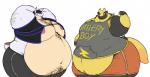 areola belly belly_hair body_hair bottomwear clothed clothing duo hands_behind_back male moobs overweight pants partially_clothed pose shorts sweatpants topwear vest eddy_okapi eddy_(eddy_okapi) armadillo bovid bovine mammal xenarthran hi_res