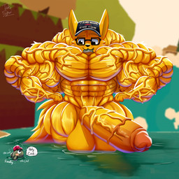 anthro balls big_balls big_muscles big_penis blush dialogue duo extreme_size_difference feral genitals huge_balls huge_muscles huge_penis humanoid_genitalia humanoid_penis hyper hyper_balls hyper_genitalia hyper_muscles hyper_penis male mostly_nude muscular muscular_male penis size_difference solo_focus striated_muscles text vein veiny_muscles veiny_penis taiko-sihori webfishing aquatic canid canine fish fox mammal 1:1 english_text hi_res