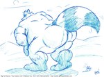 anthro belly bent_over big_belly big_butt big_feet butt clearing cloud duo feet fur hill landscape_dwarfing macro male markings mountain obese obese_anthro obese_male overweight overweight_anthro overweight_male sky solo_focus standing tail tail_markings text toony cooner cashew_lou unnamed_character canid canine canis mammal procyonid raccoon wolf 2009 signature sketch url