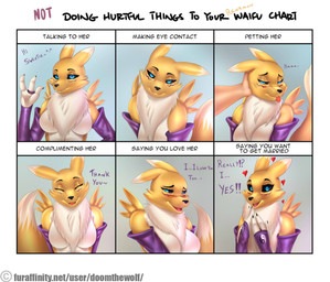 anthro armwear bedroom_eyes biped black_nose black_sclera blue_eyes blush breasts bridal_gauntlets chart chest_tuft claws clothing daww dialogue disembodied_hand duo eyes_closed featureless_breasts female fur half-closed_eyes hand_on_head happy heart_symbol human_on_anthro i_love_you interspecies looking_at_viewer love mostly_nude multiple_poses narrowed_eyes naughty_face open_mouth petting pose seductive sharp_teeth simple_background smile solo_focus standing teeth text tongue tongue_out tuft white_background yellow_body yellow_fur doomthewolf bandai_namco digimon waifu_chart canid canine digimon_(species) human mammal renamon comic digital_media_(artwork) english_text hi_res meme url