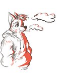 anthro cigarette cigarette_in_mouth cigarette_smoke clothed clothing fur hair highlights_(coloring) hoodie looking_aside looking_away male monotone_body monotone_fur object_in_mouth red_light red_lighting simple_background simple_coloring simple_colors smoke smoking solo topwear white_background gwolk mammal procyonid raccoon 3:4 absurd_res hi_res