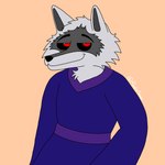 anthro black_nose clothed clothing ears_up eyebrows fur grey_body grey_ears grey_fur long_ears male multicolored_body multicolored_fur orange_background purple_clothing purple_robe red_eyes red_sclera robe simple_background simple_coloring smile smiley_face solo radiosonic94 dreamworks puss_in_boots_(franchise) death_(puss_in_boots) canid canine canis mammal wolf 1:1 absurd_res hi_res