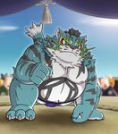 anthro belly blue_body blue_fur blush cute_fangs fangs fur kemono male moobs nipples overweight overweight_anthro overweight_male solo sumo teeth white_body white_fur mind_drive mizuse_higomaru sengoku_puzzle raiden_shin'emon felid mammal pantherine tiger 2020 hi_res