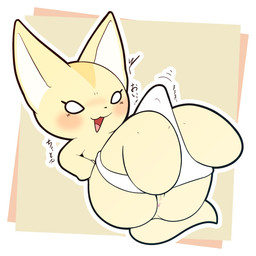 anthro anus blush clothed clothing female genitals mostly_nude open_mouth panties panties_only simple_background solo tail text topless underwear underwear_only vulva white_body white_eyes lemonspark_nwt aggretsuko sanrio fenneko canid canine fennec_fox fox mammal true_fox 1:1 2024 censored digital_media_(artwork) hi_res japanese_text mosaic_censorship