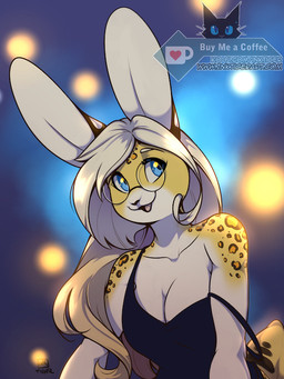 anthro blonde_hair blue_eyes breasts cleavage clothed clothing dress eyelashes eyewear female glasses hair leopard_spots off_shoulder solo spots text inktiger chi_(inktiger) felid hybrid lagomorph leopard leporid mammal pantherine rabbit 2021 3:4 colored digital_media_(artwork) english_description half-length_portrait portrait shaded signature url watermark