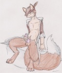 anthro balls clothed clothing dipstick_tail erection fedora genitals hat headgear headwear male markings masturbation partially_clothed penile penile_masturbation penis robe simple_background solo tail tail_markings white_background yilia_the_pale_wolf_(artist) the_legend_of_korah angelis snow_taradien canid canine fox mammal hi_res