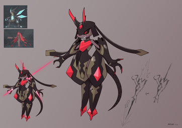 anthro black_sclera female floating grey_background horn laser looking_up navel red_eyes simple_background smile solo tail sat_v12 palworld pocketpair hybrid splatterina xenolord 2025 absurd_res digital_media_(artwork) hi_res